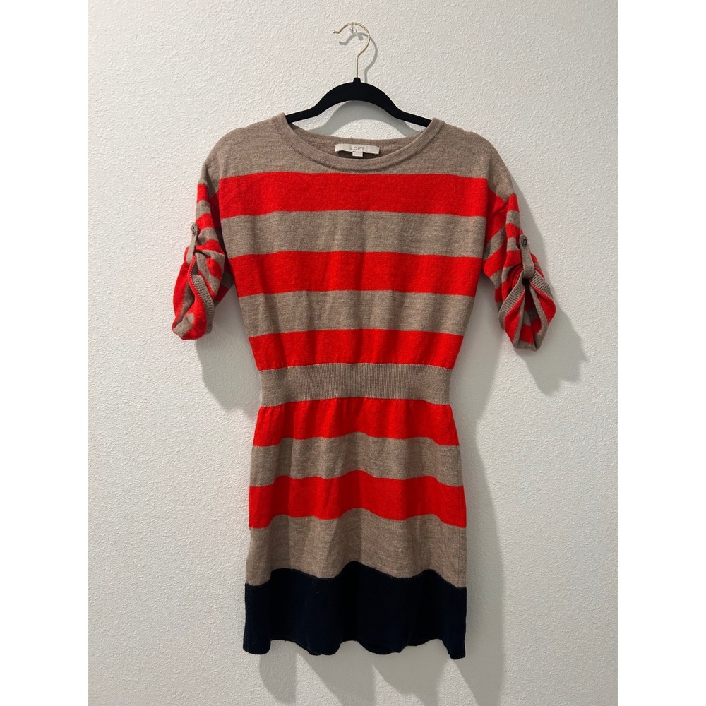 LOFT Striped Sweater Dress Roll Tab Sleeve Red Tan Brown Casual Medium‎